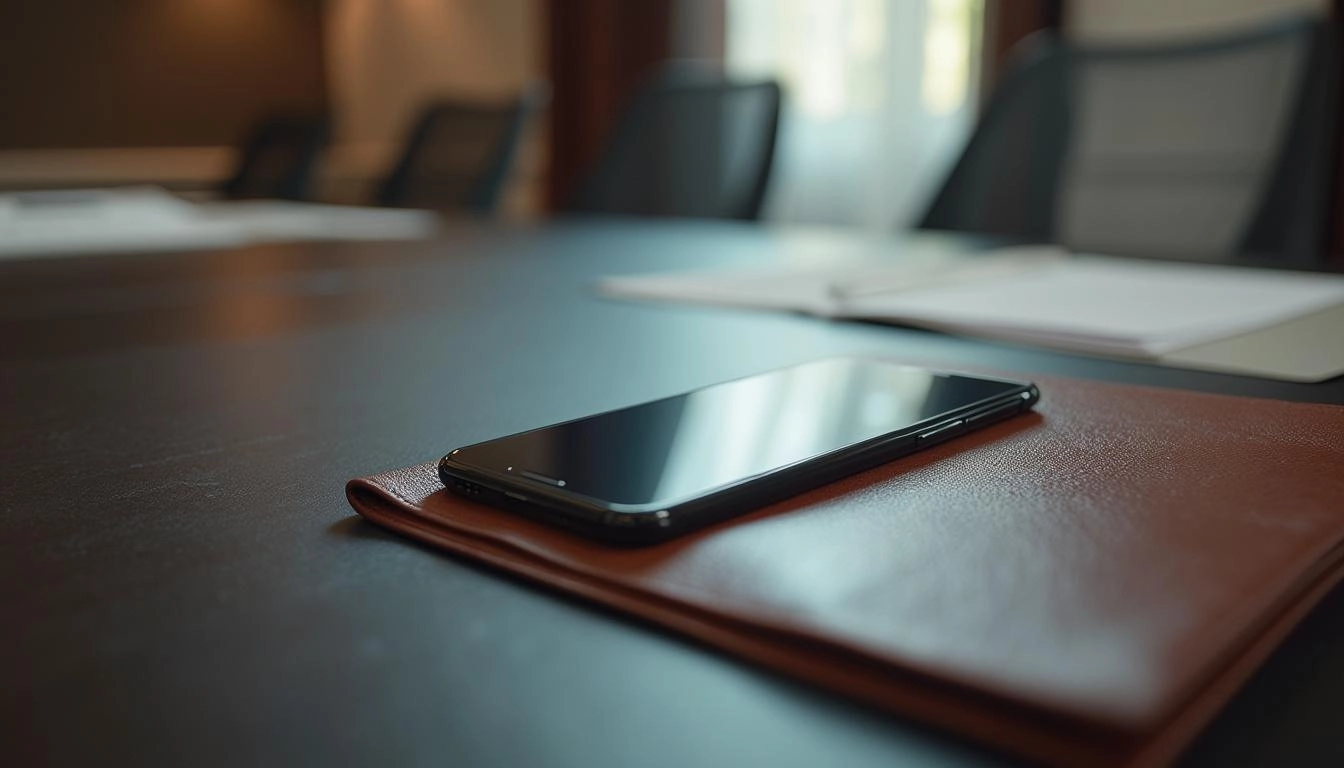 Cell phone on a conference room table.